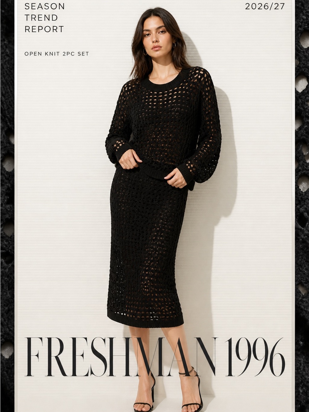 Freshman 1996 Women’s Large Black Open Knit 2 Pc Skirt Set Crop Top Midi Skirt